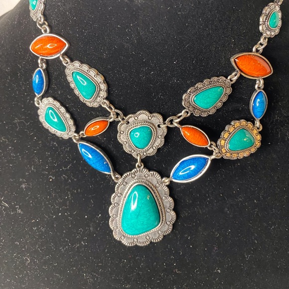 Silver neckless with stones in Green, blue and orange $12 - Picture 2 of 2